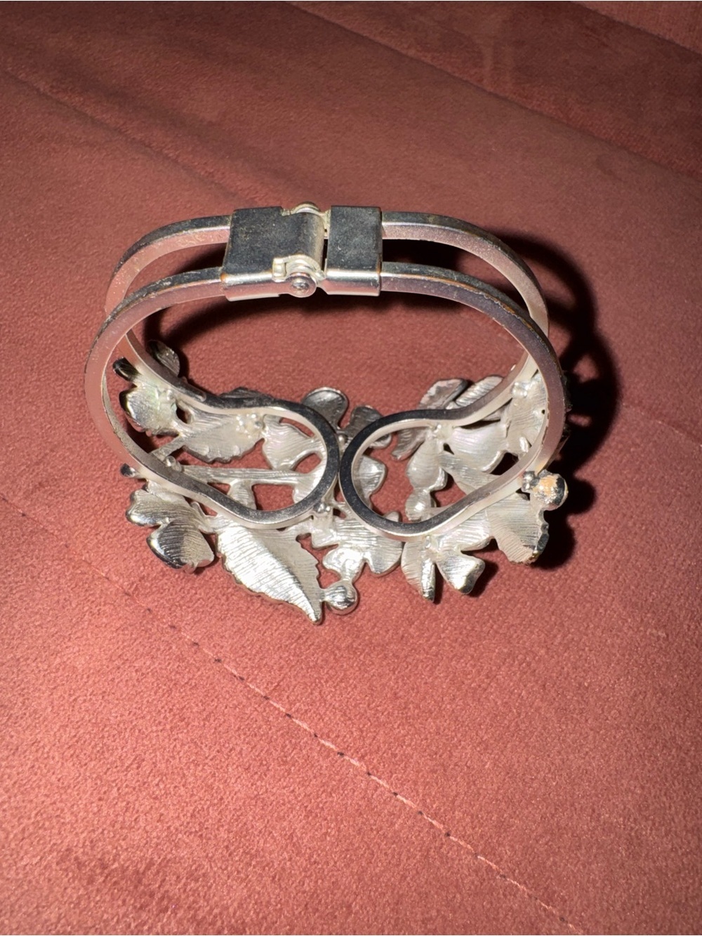 Silver Tone Floral Rhinestone Faux Pearl Hinged Cuff Bracelet - Picture 3 of 4